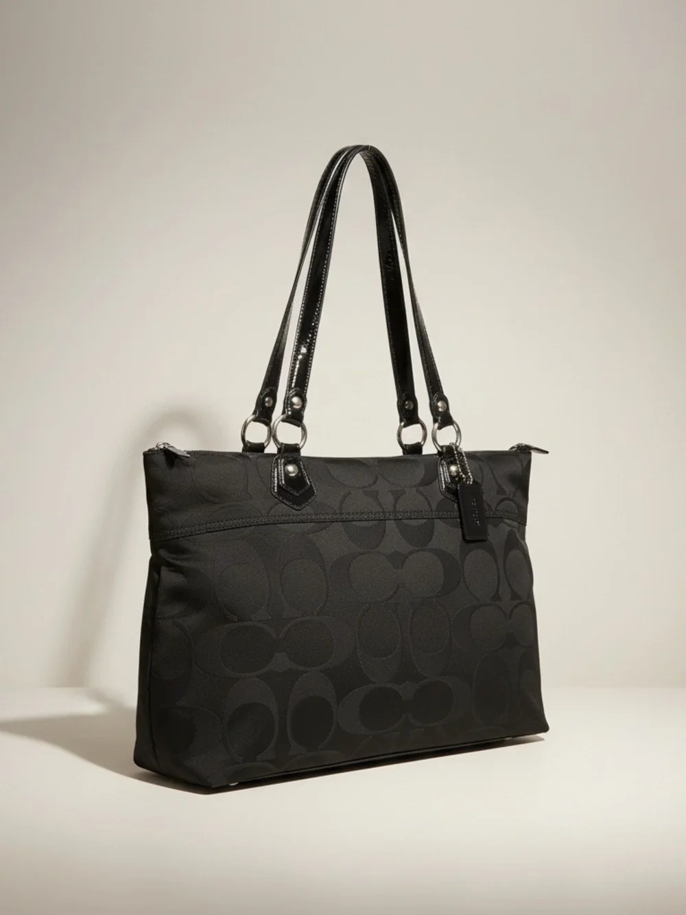 ✨ Coach Poppy Black Signature Tote Pink Satin Lining Patent Trim EUC